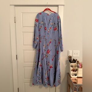 Floral Embroidered Blue Maxi Dress